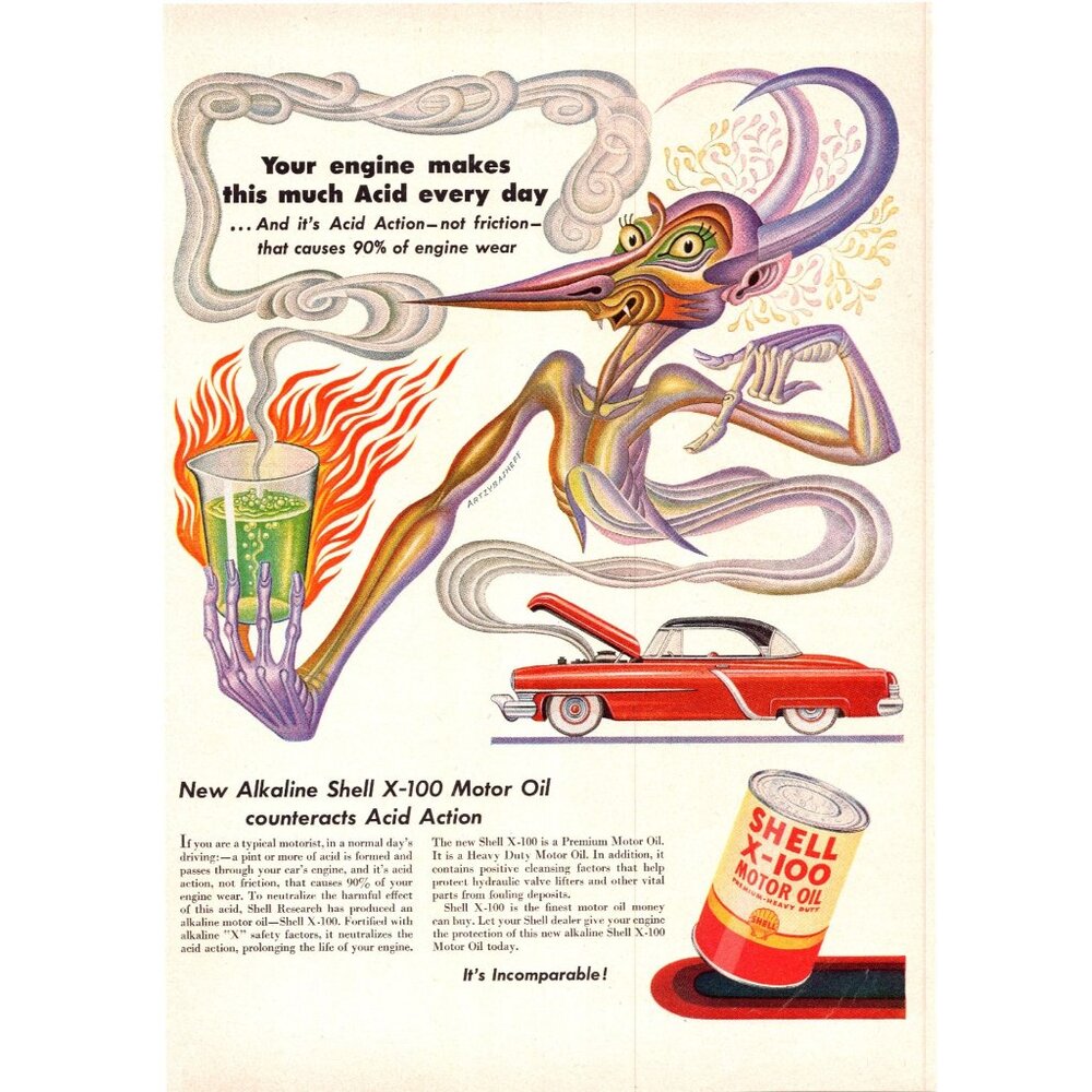 1952 Shell X-100 Alkaline Motor Oil Vintage Print Ad Genie Demon 50s Wall Art